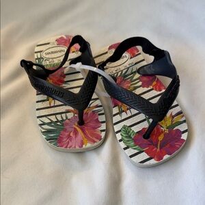 Havaianas Kids Floral Flip Flops - Black and White with Pink